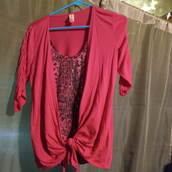 Hot Pink Sequined Tie Front Top - Picture 3 of 5